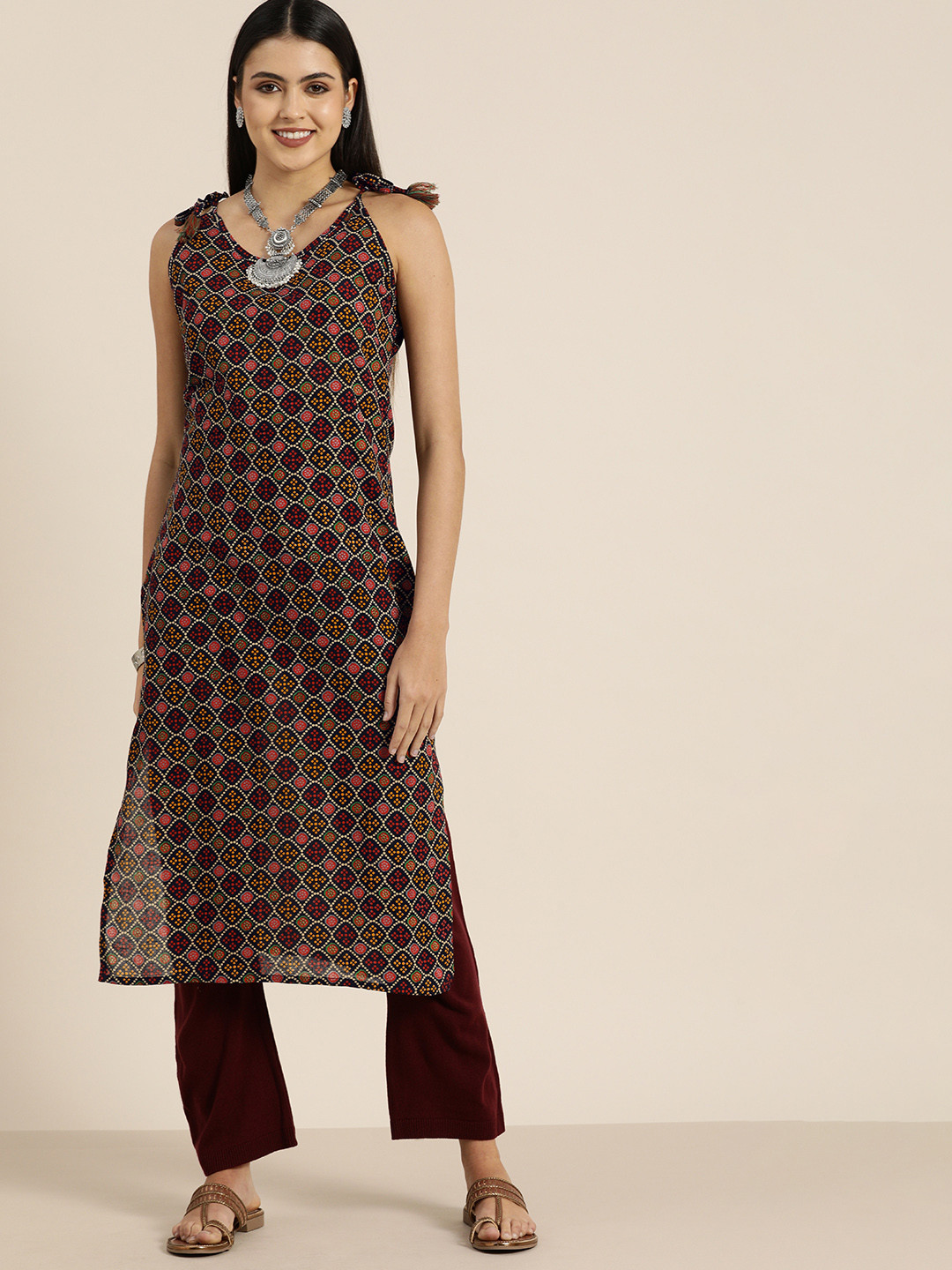 Sangria Women Teal Blue & Red Bandhani Screen Print Pure Cotton Straight Kurta