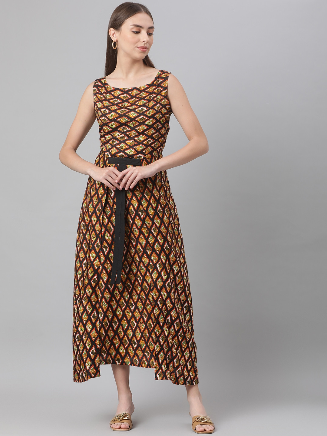 MBE Coffee Brown & Yellow Layered A-Line Midi Dress