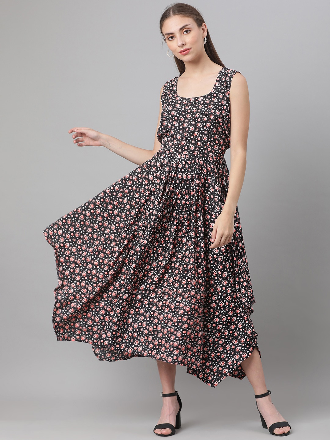 MBE Black & Peach-Coloured Ethnic Motifs Crepe Maxi Dress