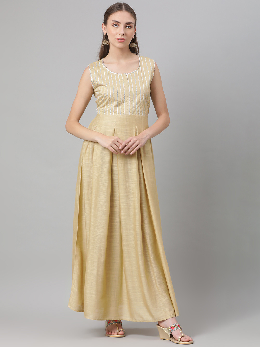 MBE Beige Striped Ethnic Maxi Dress