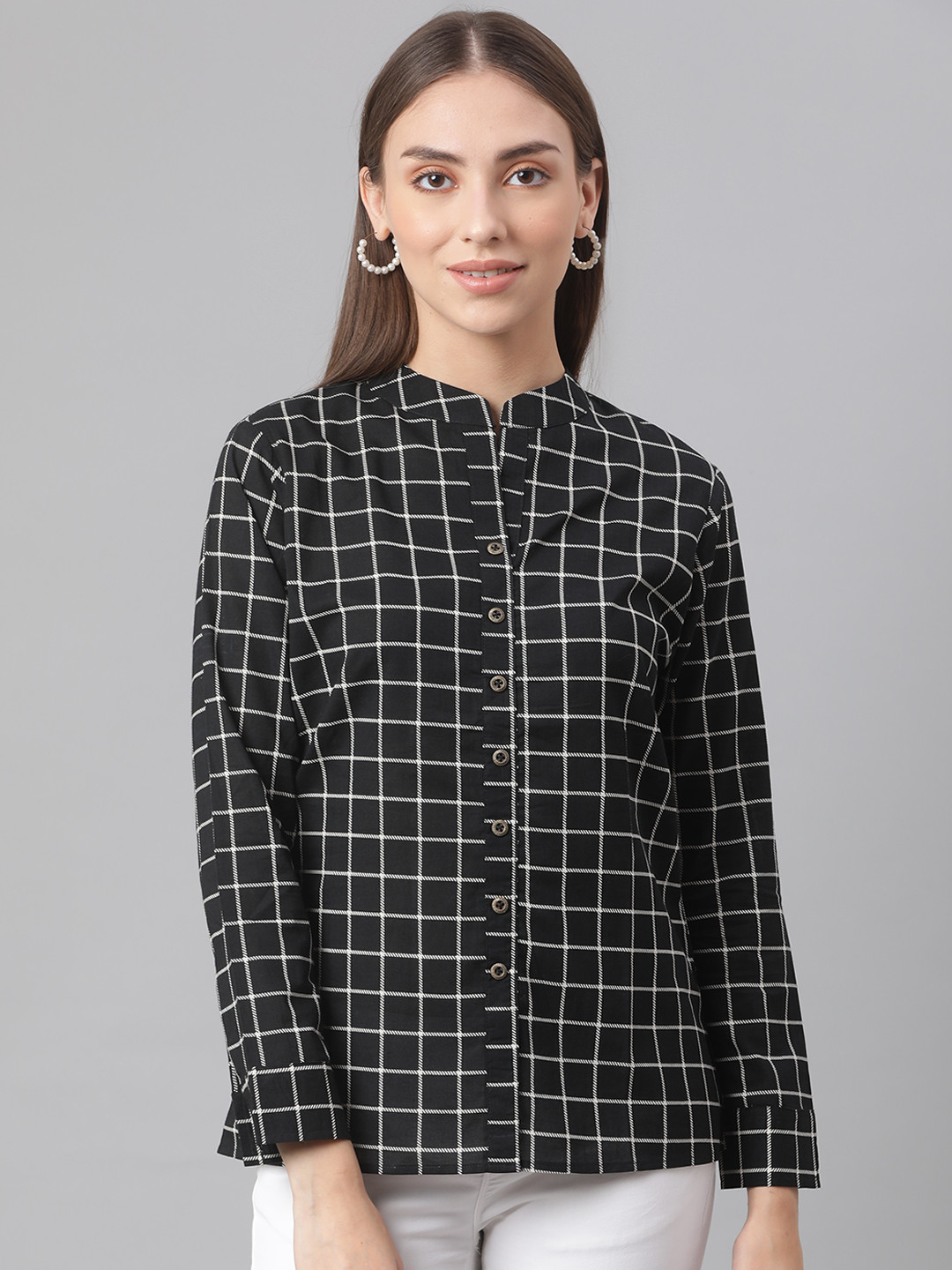 MBE Black Checked Mandarin Collar Shirt Style Cotton Top