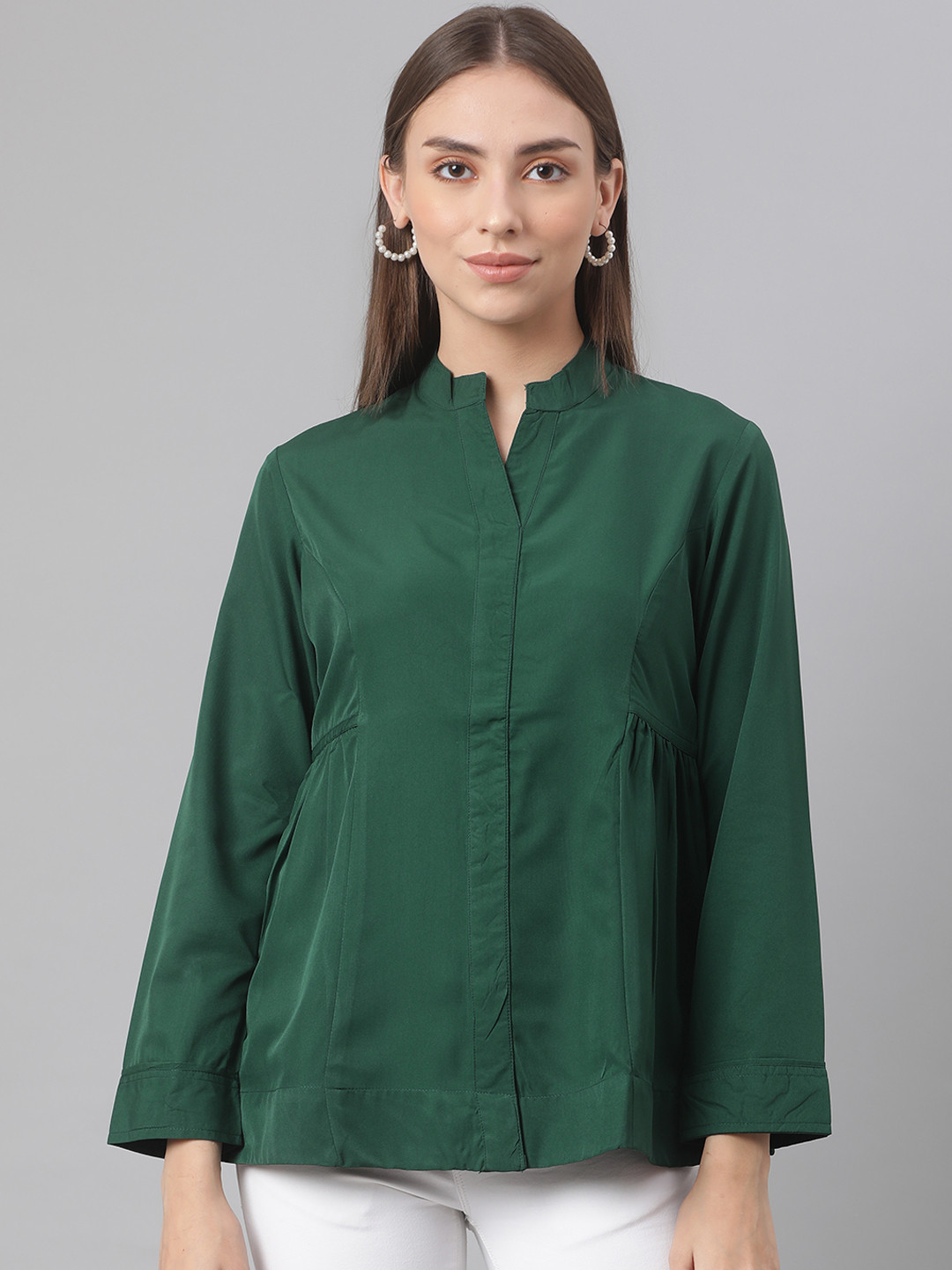 MBE Green Mandarin Collar Crepe Top