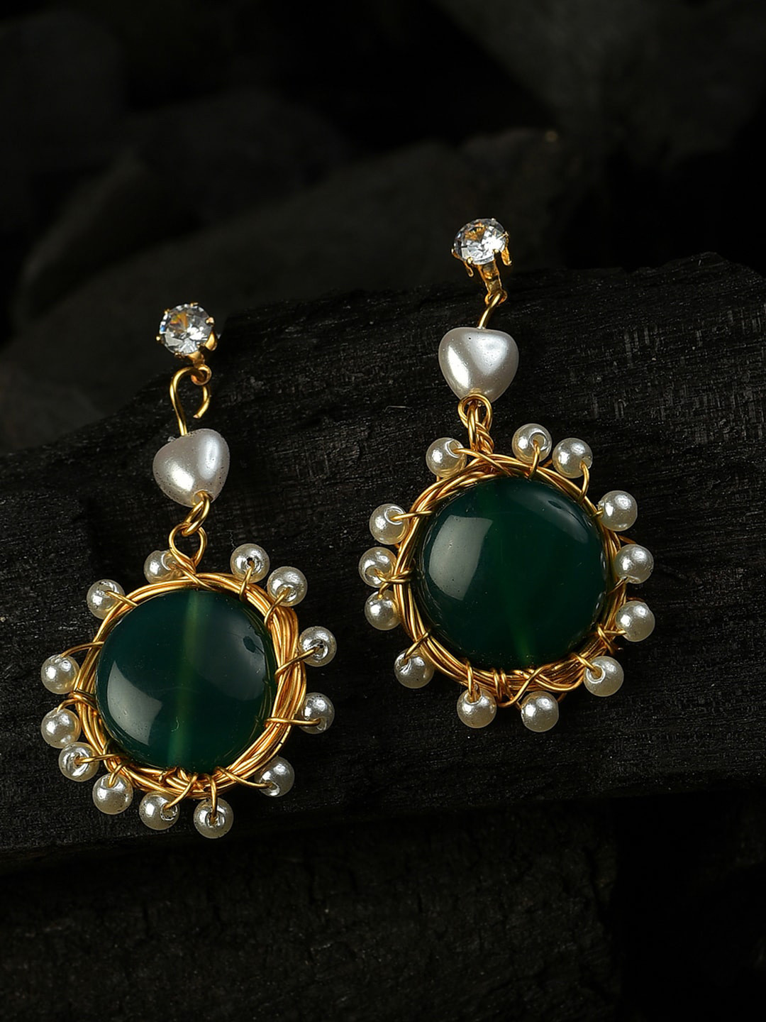 SOHI Green & Gold-Toned Pearl Beaded Drop Earring