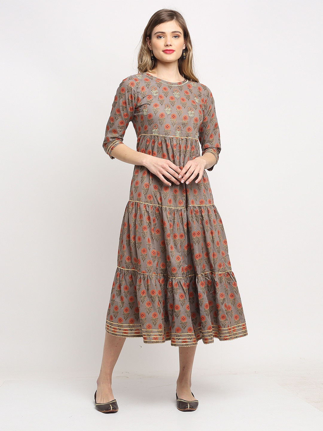 Roly Poly Grey & Orange Ethnic Motifs Ethnic A-Line Midi Dress