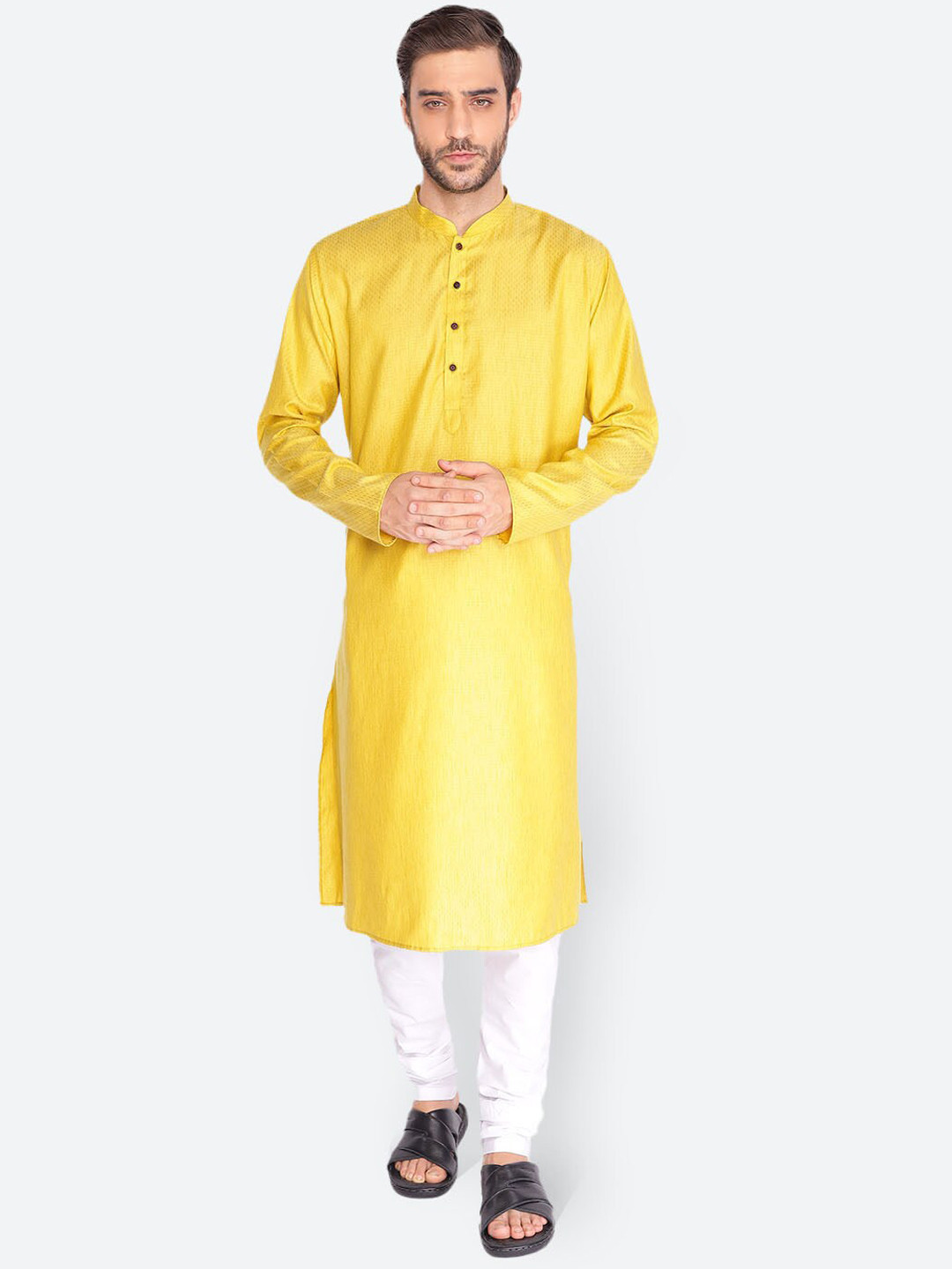 NAMASKAR Men Green Cotton Linen Self Design Kurta