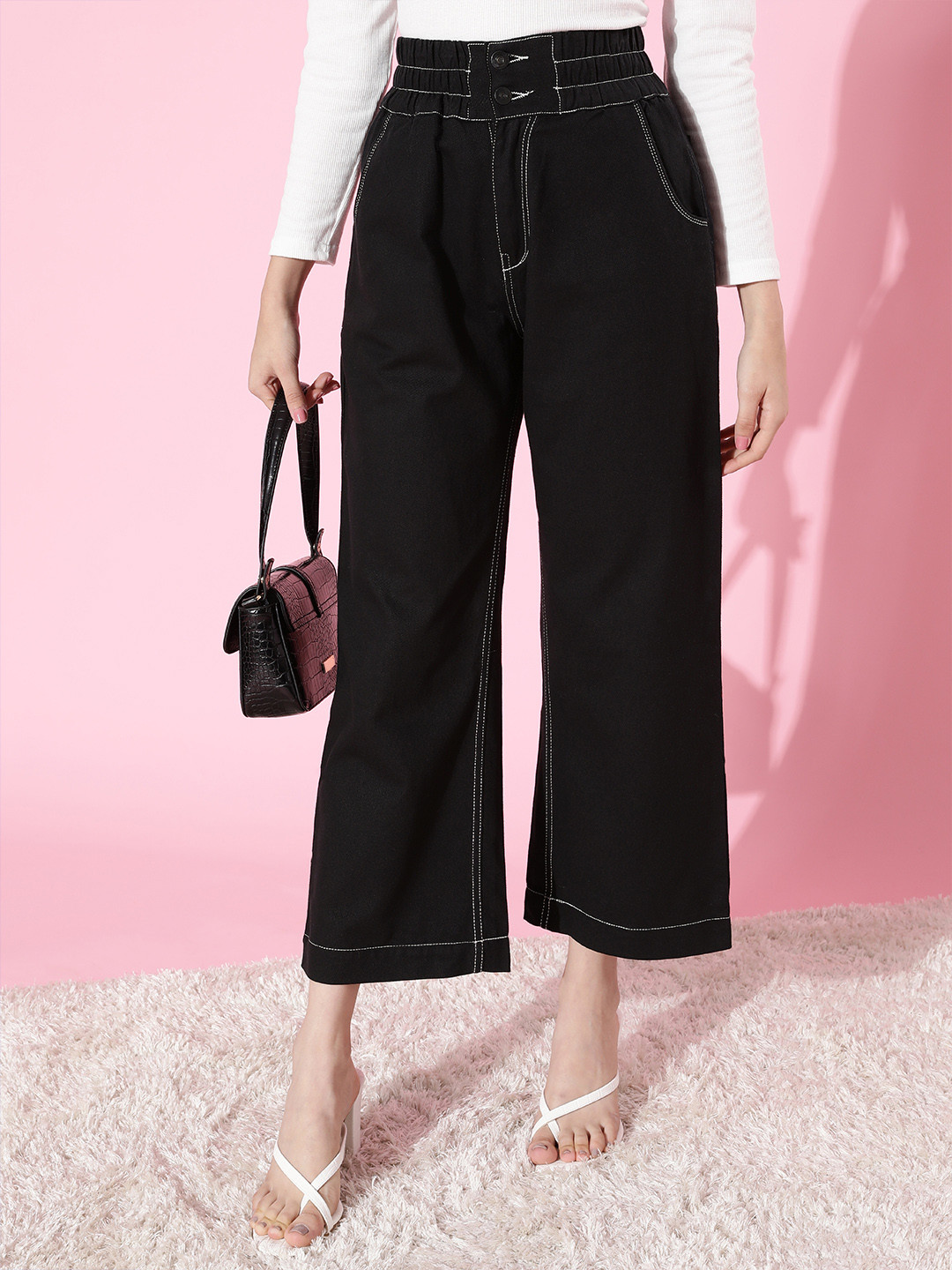 KASSUALLY Women Stylish Black High-Rise Wide Leg Jeans