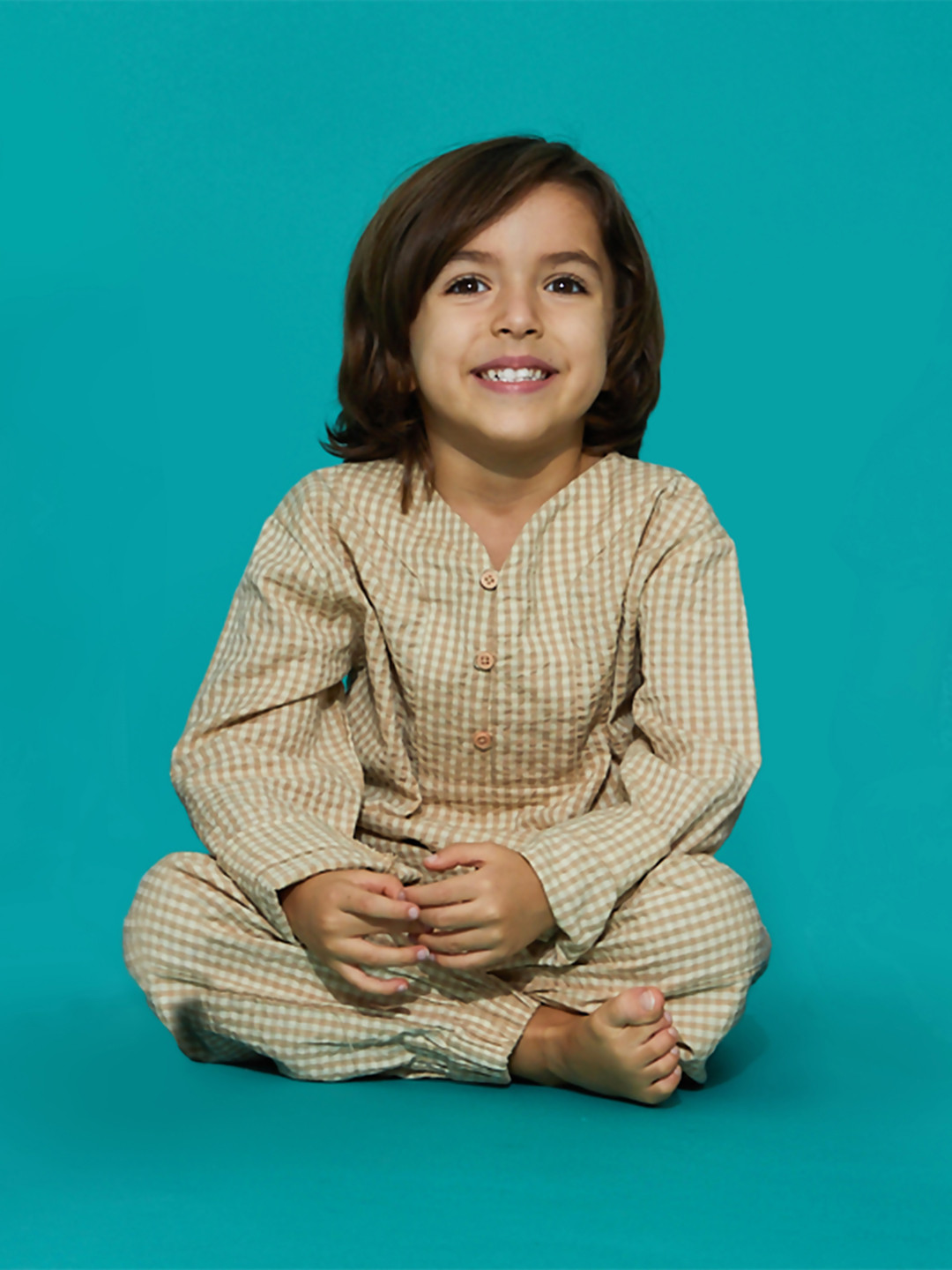 Cherry Crumble Boys Beige Gingham Check Serene Nightsuit