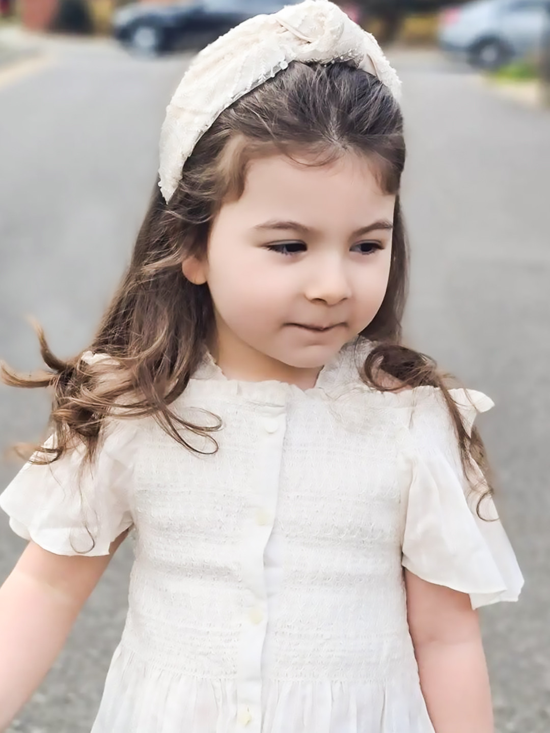 Cherry Crumble Girls Off White Cotton Solid Cold Shoulder Smocked Top
