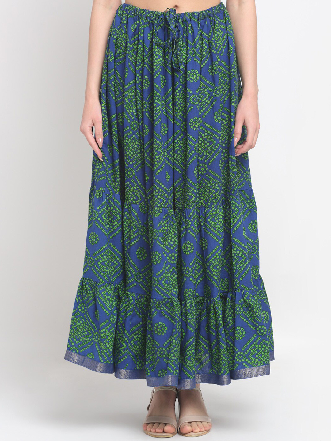 SOUNDARYA Women Navy Blue & Green Bandhej Printed Cotton Maxi Tiered Flared Skirt