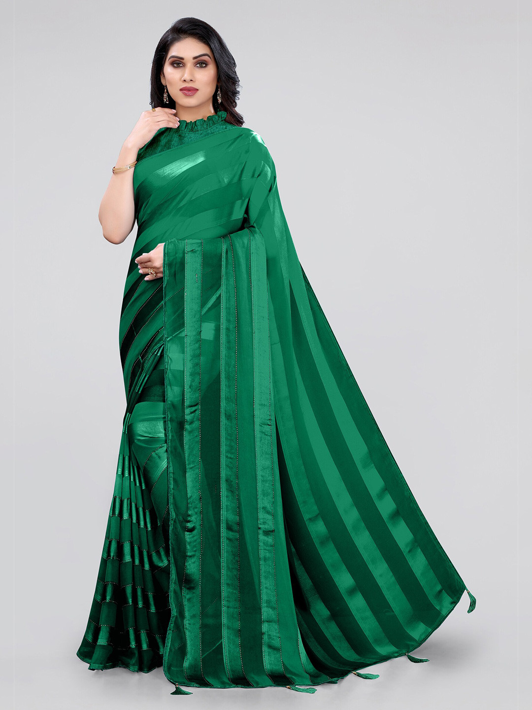 KALINI Green Striped Beads and Stones Saree