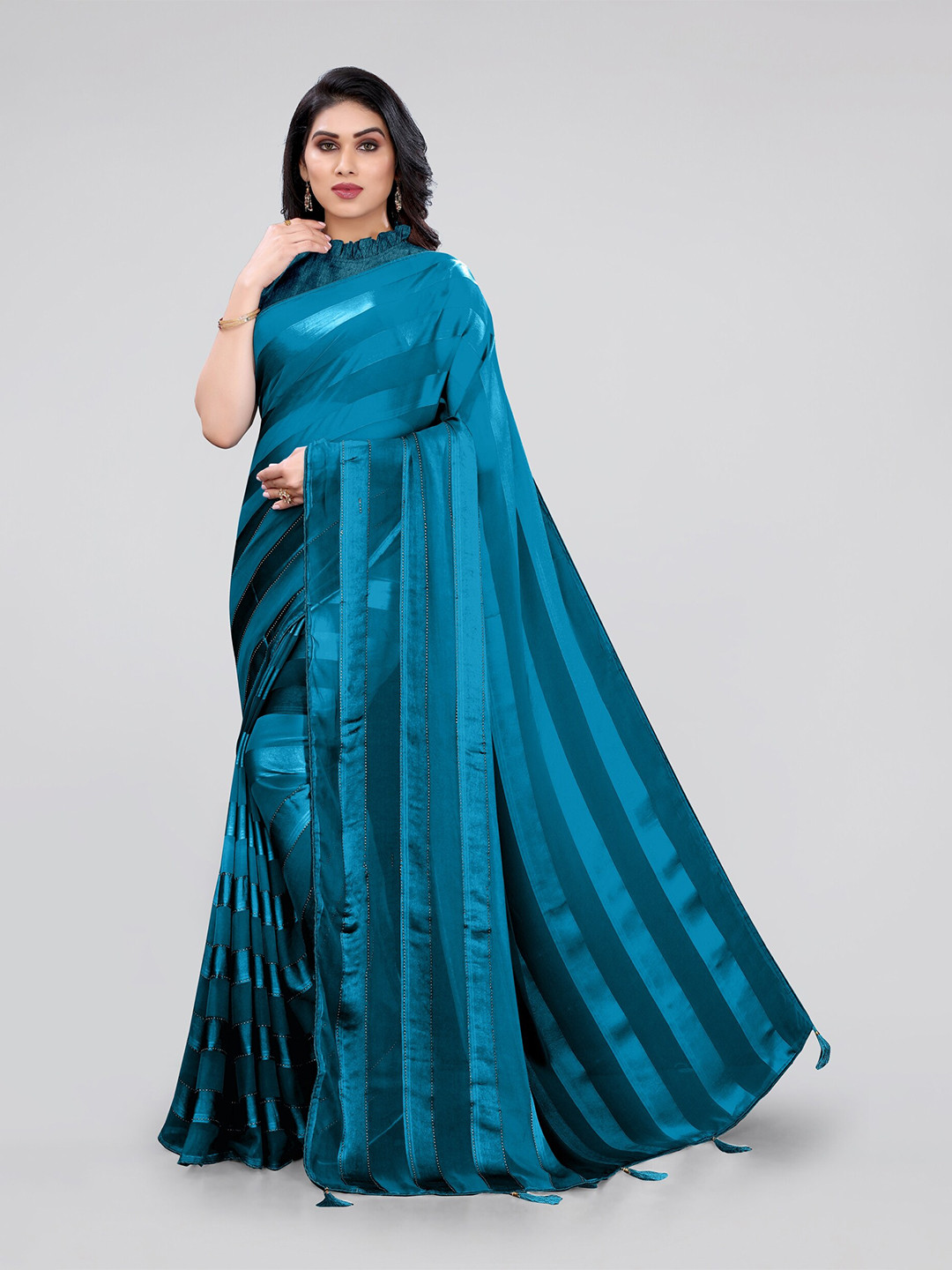 KALINI Turquoise Blue Leheriya Beads and Stones Satin Leheriya Saree