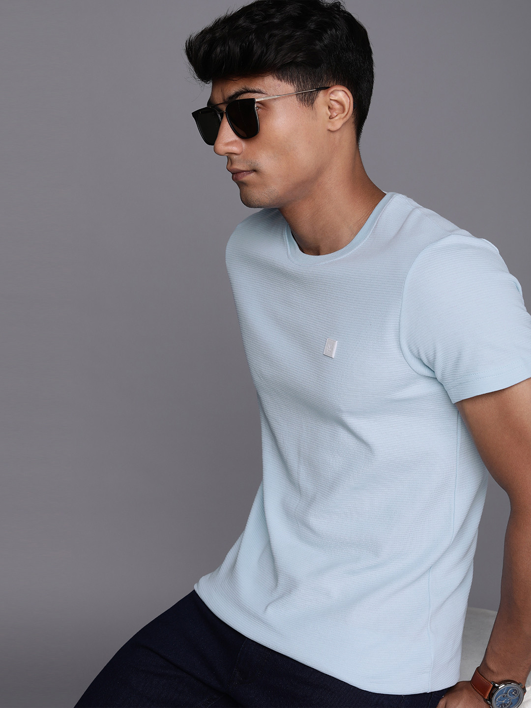 WROGN Men Blue Pure Cotton T-shirt