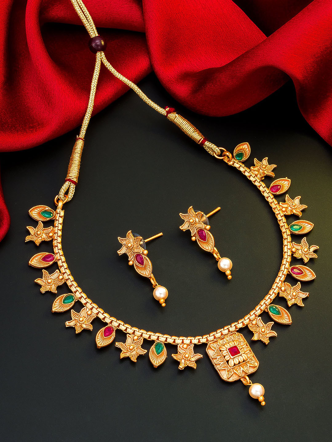 aadita Gold-Toned Ruby & Pearls Choker Jewellery Set