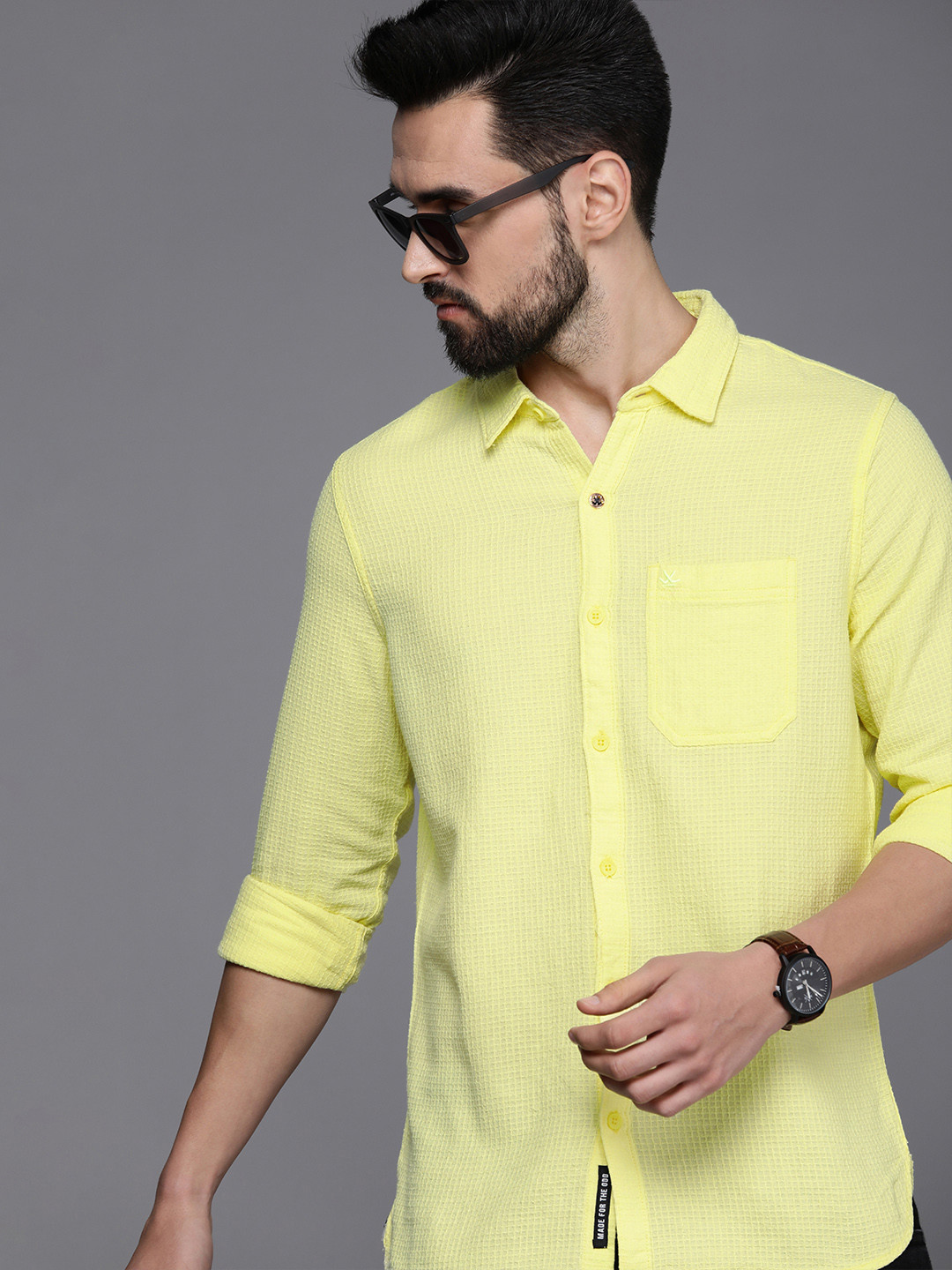 WROGN Men Yellow Self-Design Slim Fit Cotton Casual Shirt