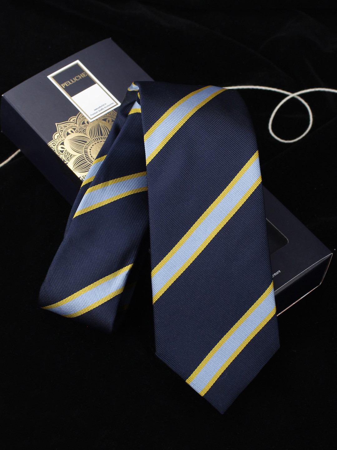 PELUCHE Navy Blue & Yellow Striped Skinny Tie