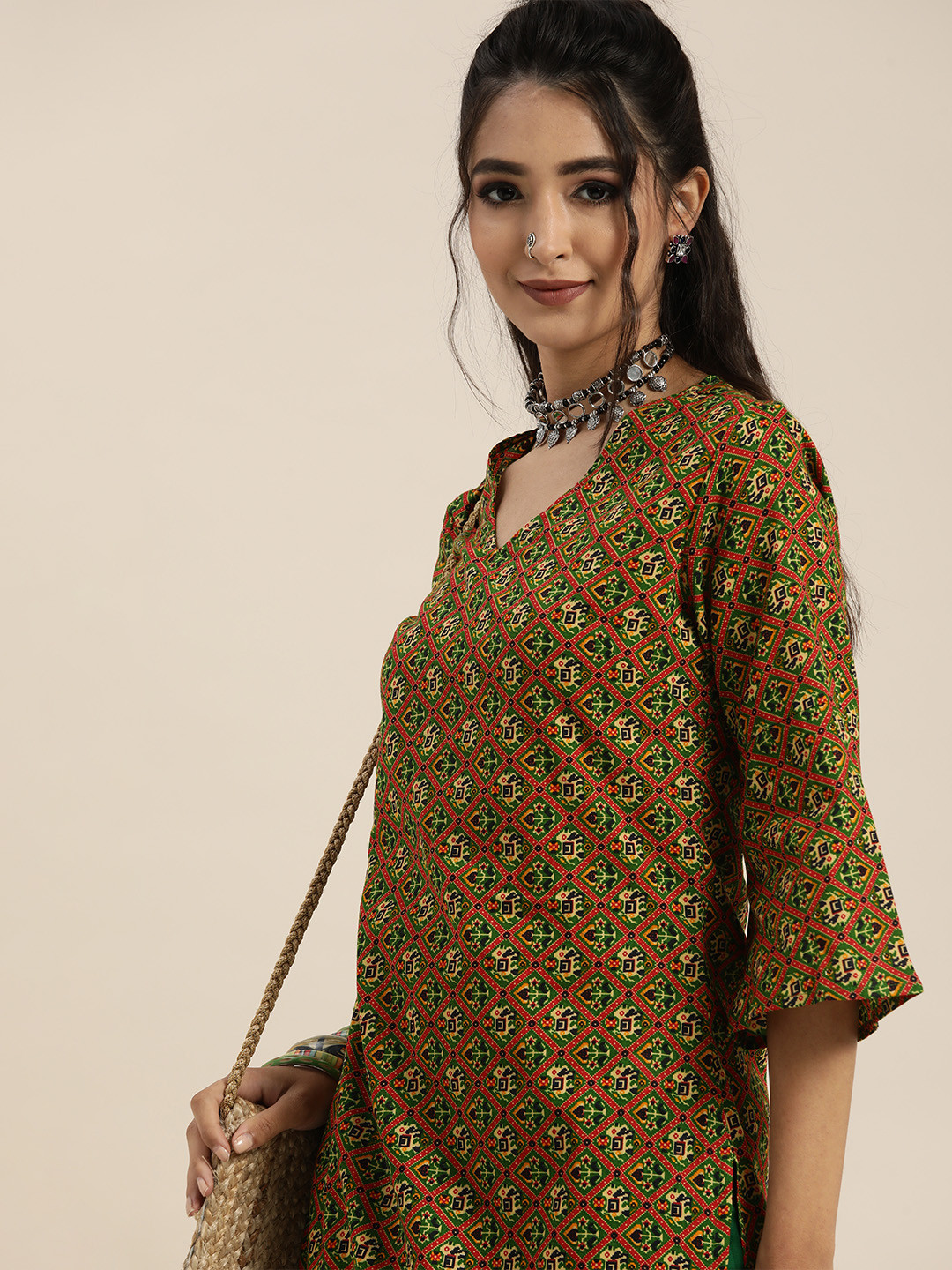 Sangria Women Green & Orange Bandhani Print Pure Cotton Kurta with Trousers