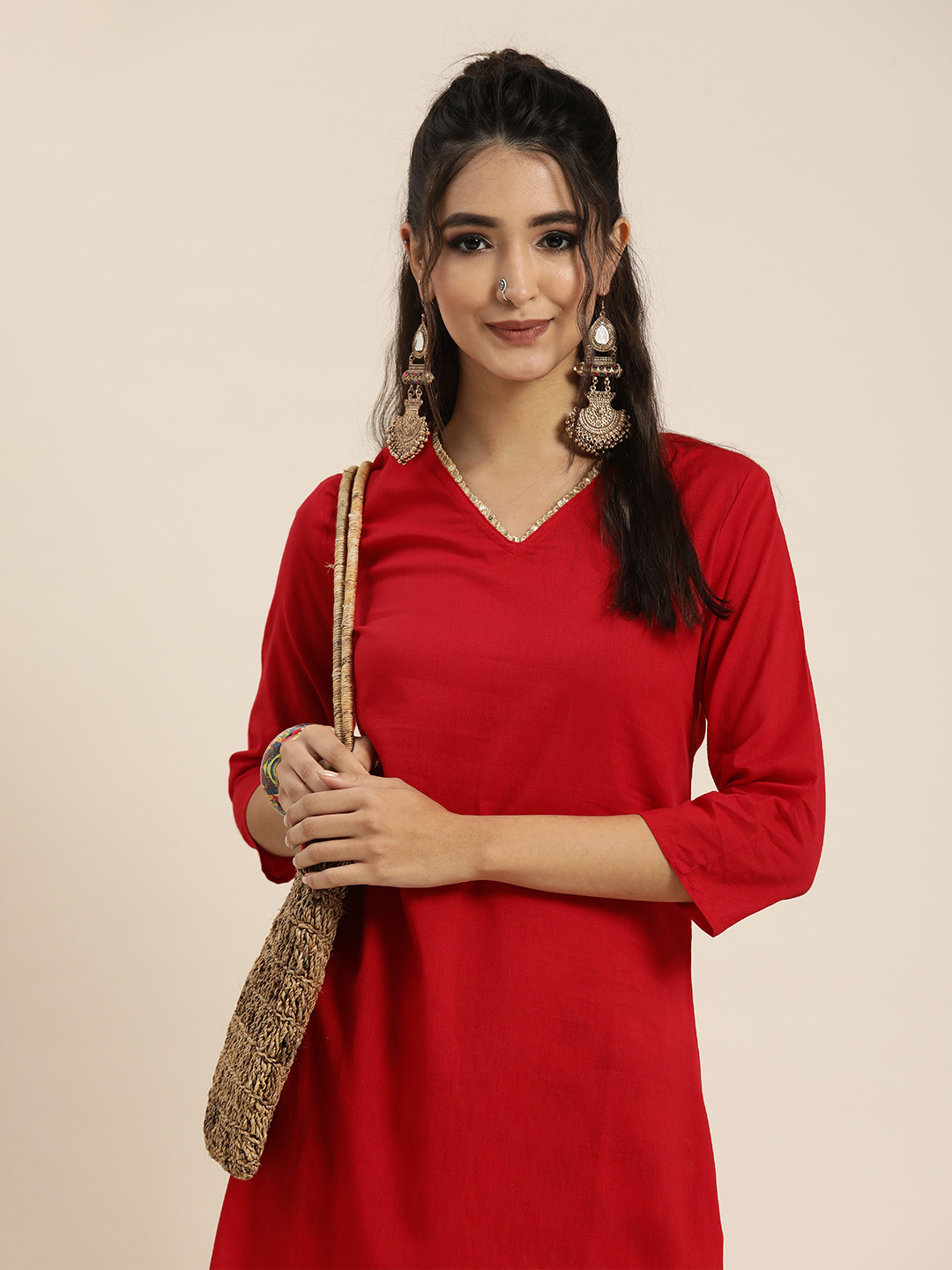 Sangria Women Red Solid Pure Cotton Gotta Patti Kurta with Abstract Print Trousers