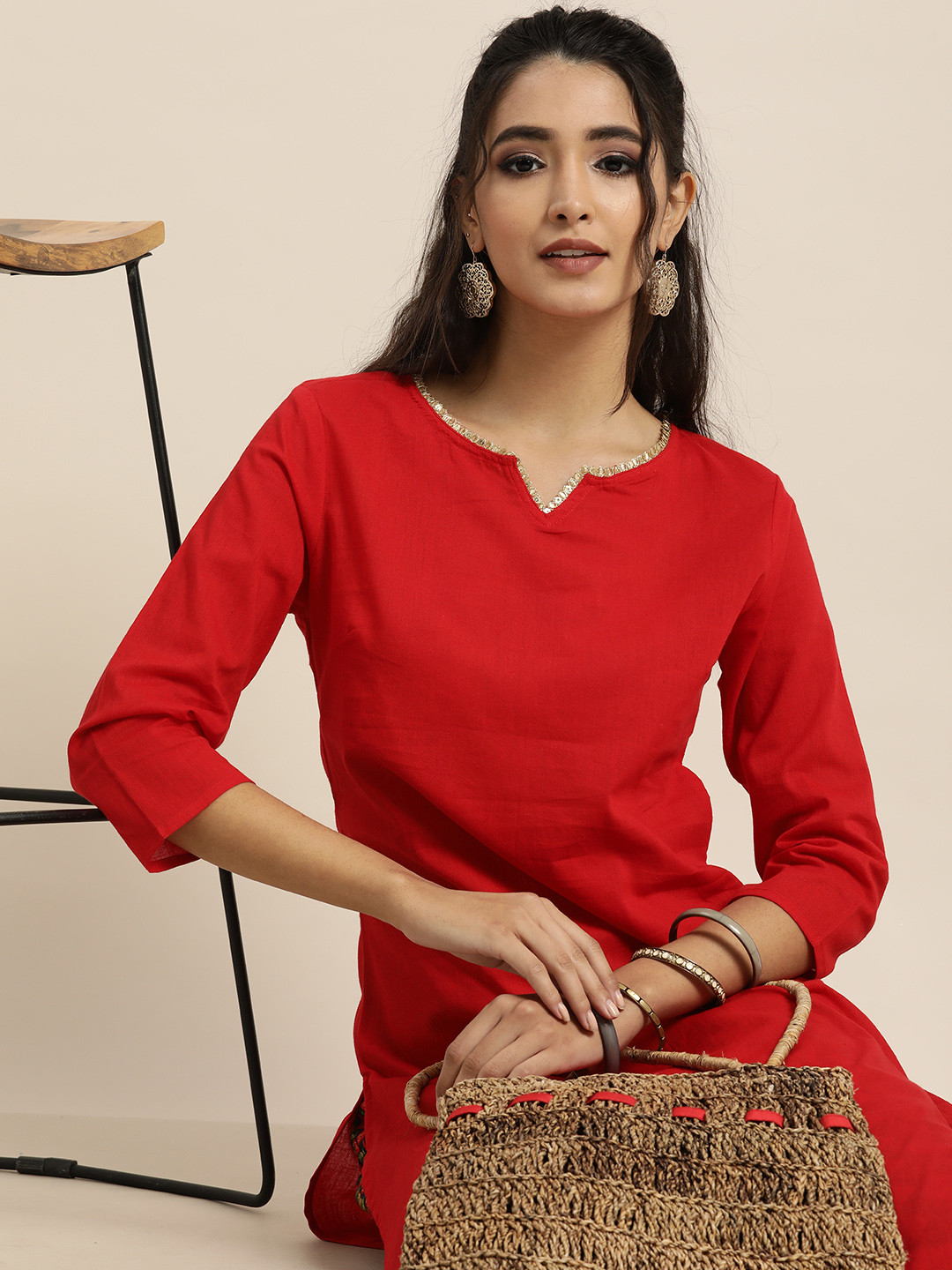 Sangria Women Red & Green Pure Cotton Solid Gotta Patti Kurta with Bandhani Print Trousers