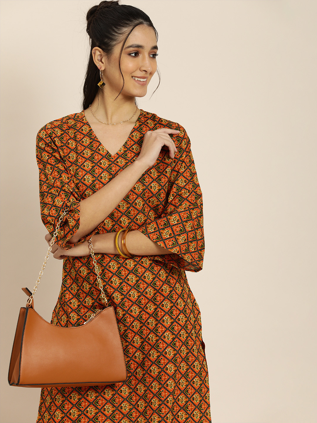 Sangria Women Orange Pure Cotton Bandhani Printed Kurta with Trousers