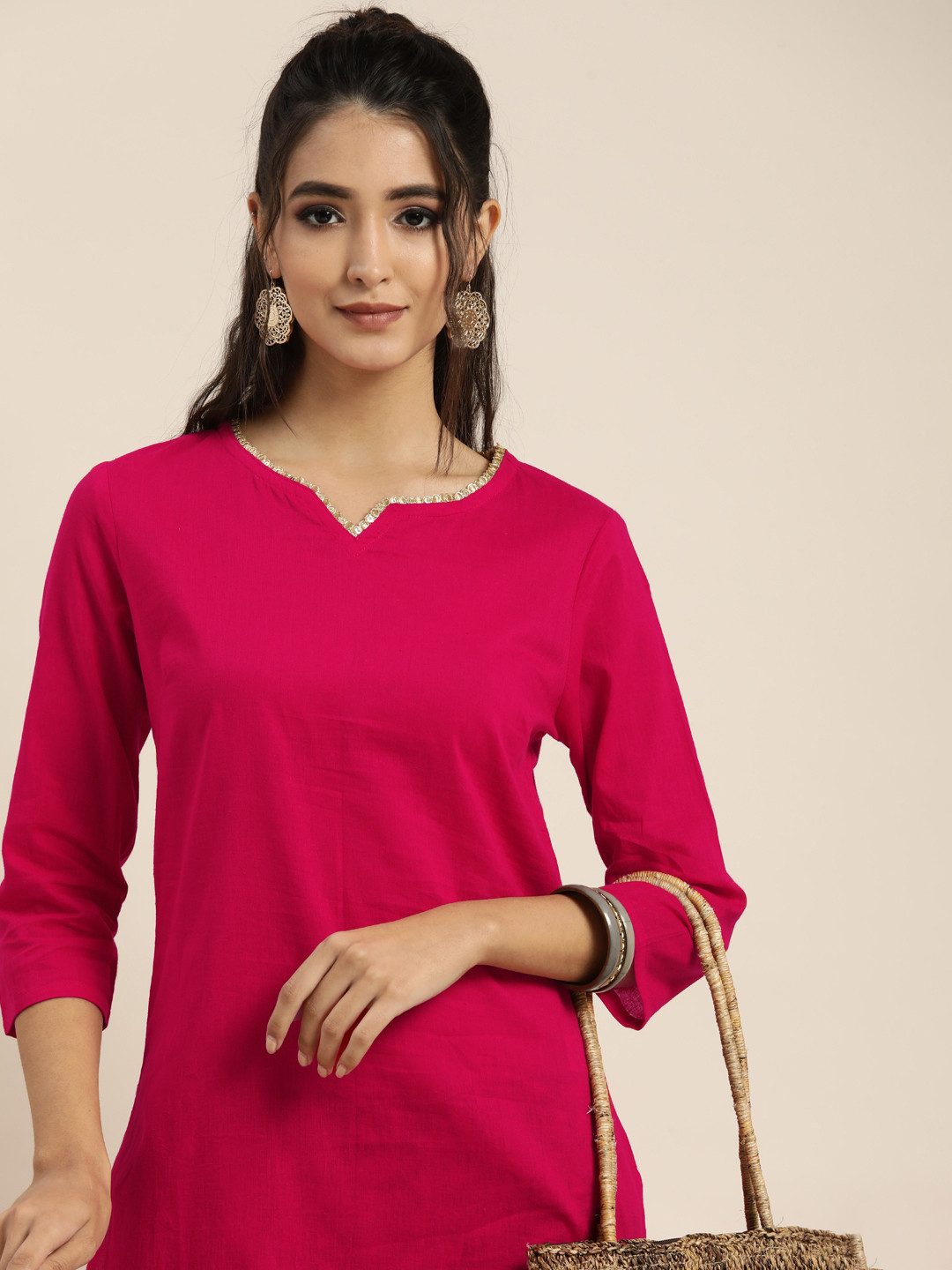 Sangria Women Pink & Green Pure Cotton Mirror Work Kurta with Bandhani Print Trousers
