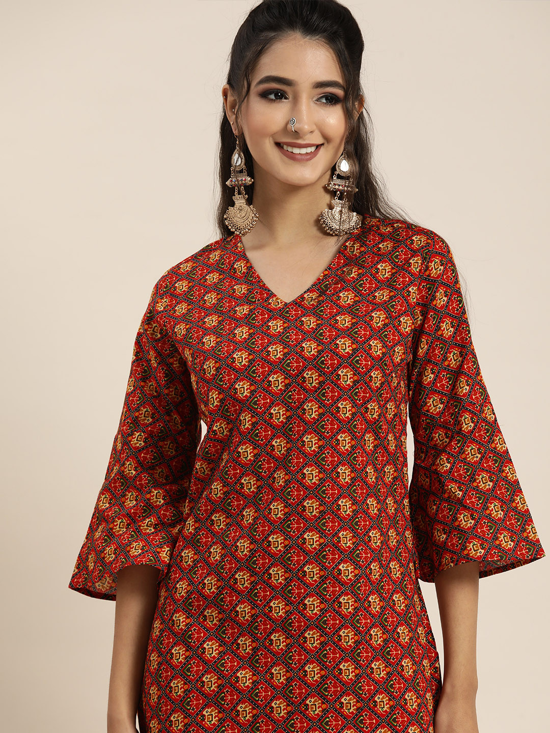 Sangria Women Red & Navy Blue Bandhani Print Pure Cotton Kurta with Trousers