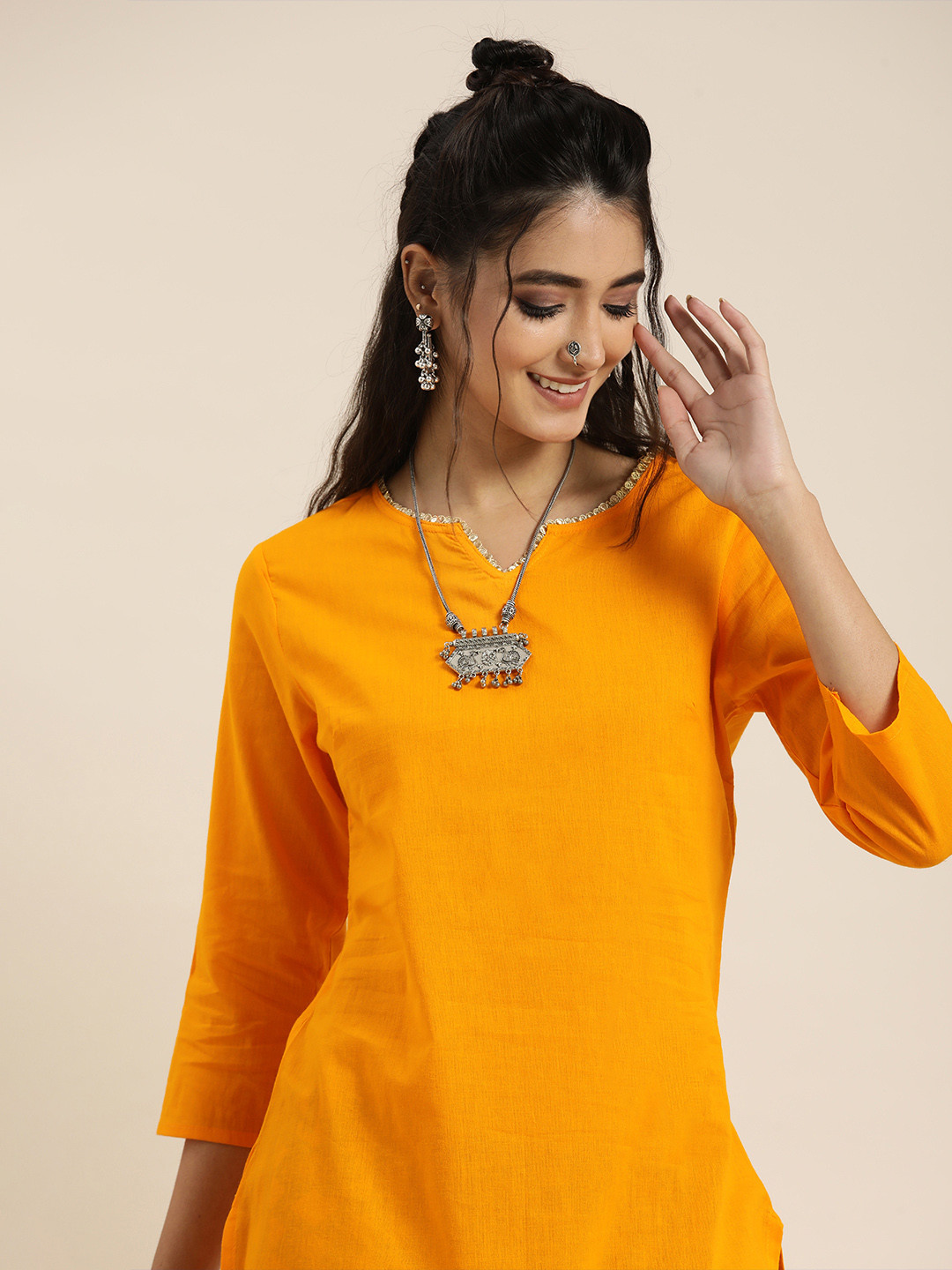Sangria Women Yellow & Green Pure Cotton Mirror Work Kurta with Bandhani Print Trousers