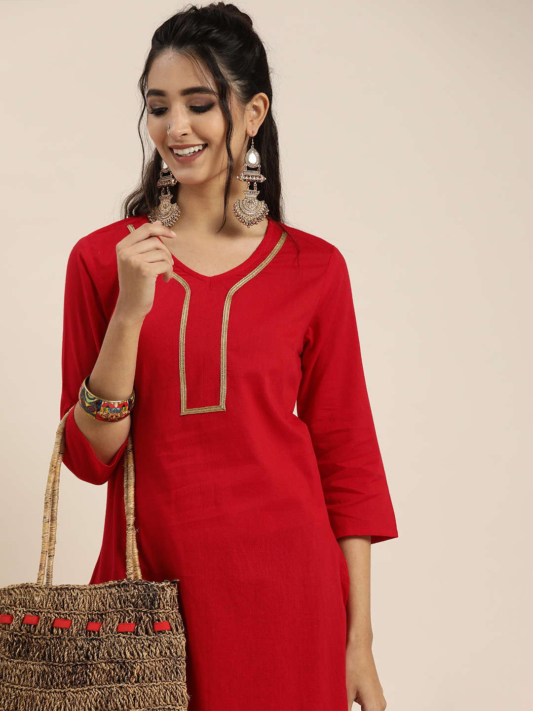 Sangria Women Red Solid Pure Cotton Kurta with Bandhani Print Trousers