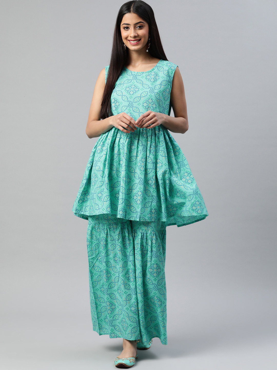 aayusika Women Turquoise Blue Bandhani Printed Pure Cotton Top with Sharara