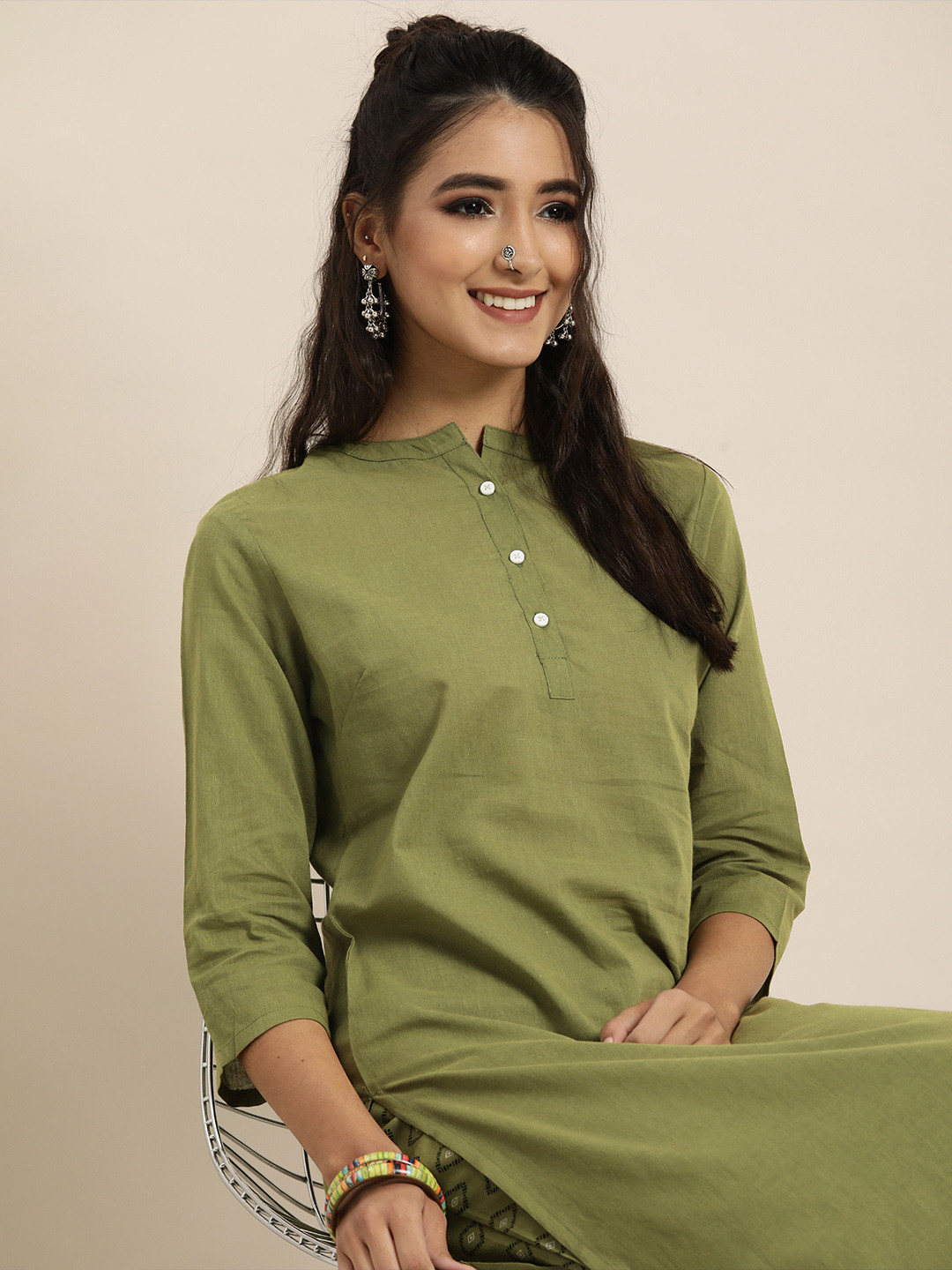 Sangria Women Olive Green Solid Pure Cotton Kurta with Salwar