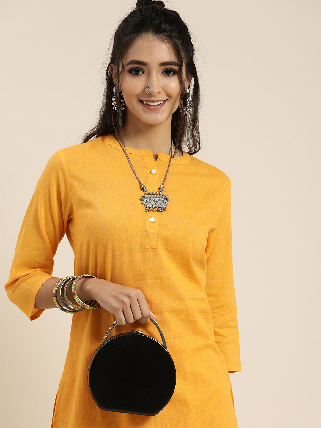 Sangria Women Yellow & Black Pure Cotton Kurta with Salwar
