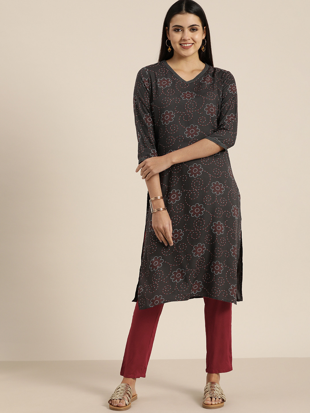 Sangria Women Charcoal Grey & Maroon Ethnic Motifs Printed Kurta with Trousers
