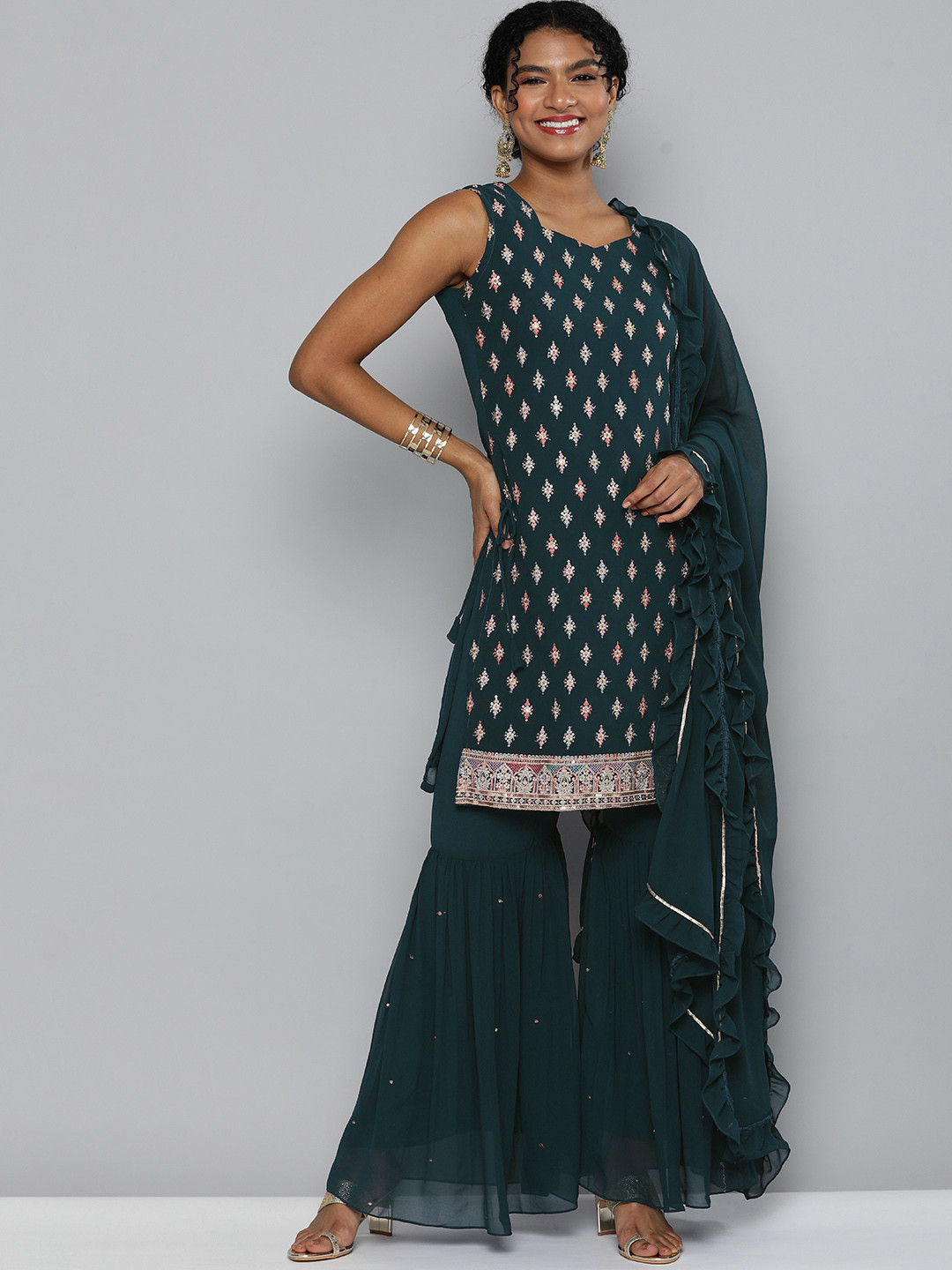 Kvsfab Women Teal Green Embroidered Sequinned Kurta with Sharara & With Dupatta