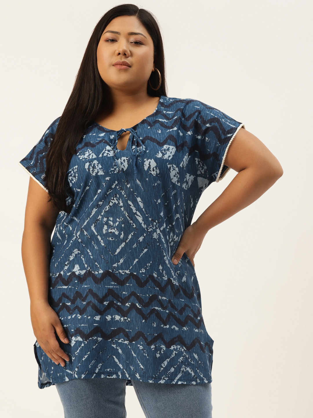 Rute Women Plus Size Navy Blue & White Geometric Print Tie-Up Neck Extended Sleeves Top