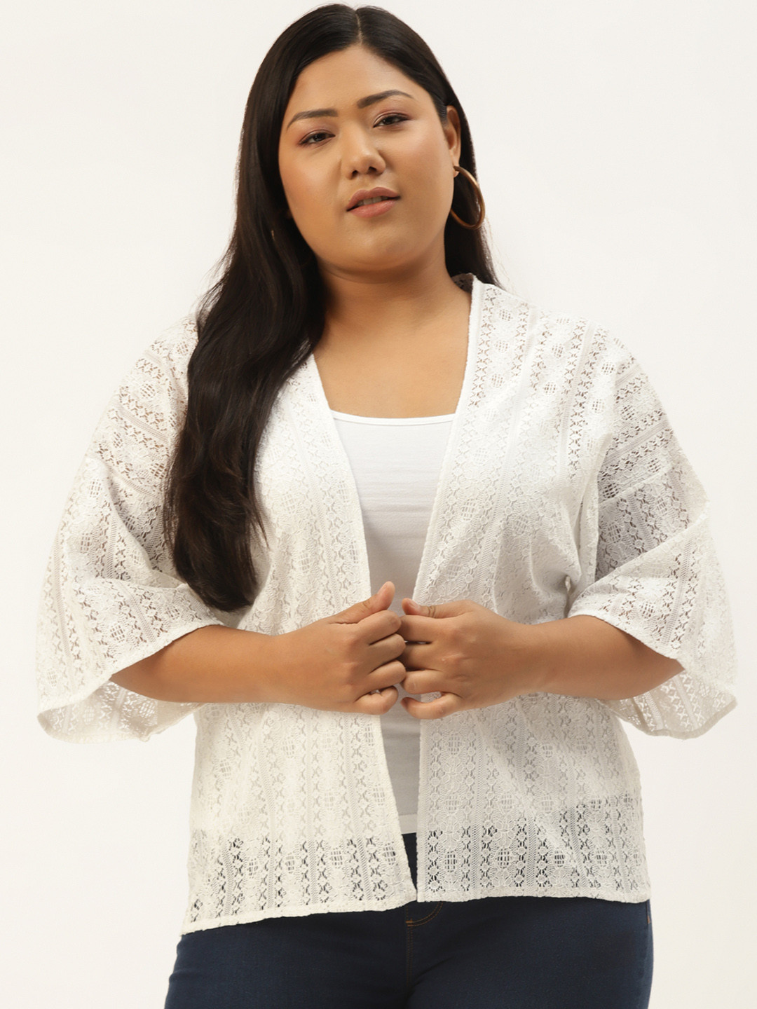 Rute Women Plus Size White Cotton Lace Shrug