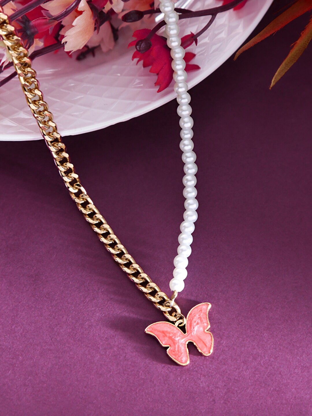 Yellow Chimes Woman Pearl Golden Chain Pendant with Butterfly Charm Necklace