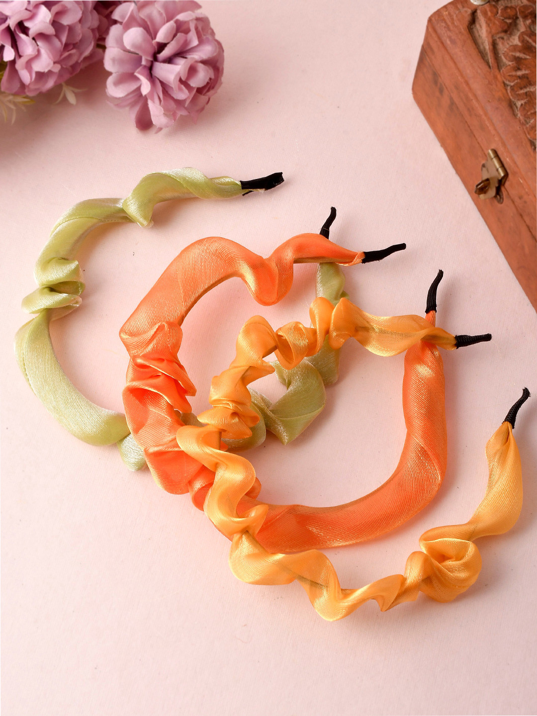 Silvermerc Designs Girls Green & Peach-Coloured Set Of 3 Fabric Hairband