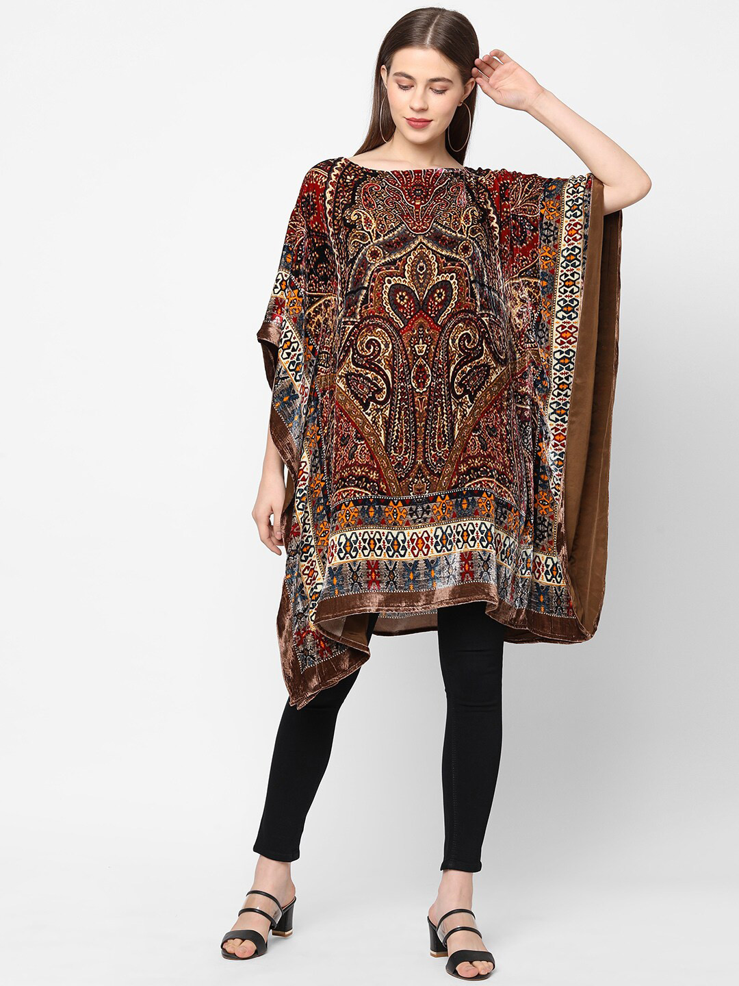 Cloth Haus India Brown Ethnic Motifs Velvet Kaftan Dress