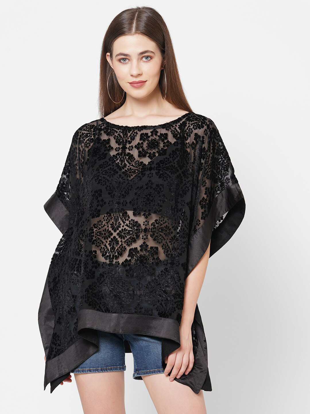 Cloth Haus India Women Black Velvet Kaftan Longline Top