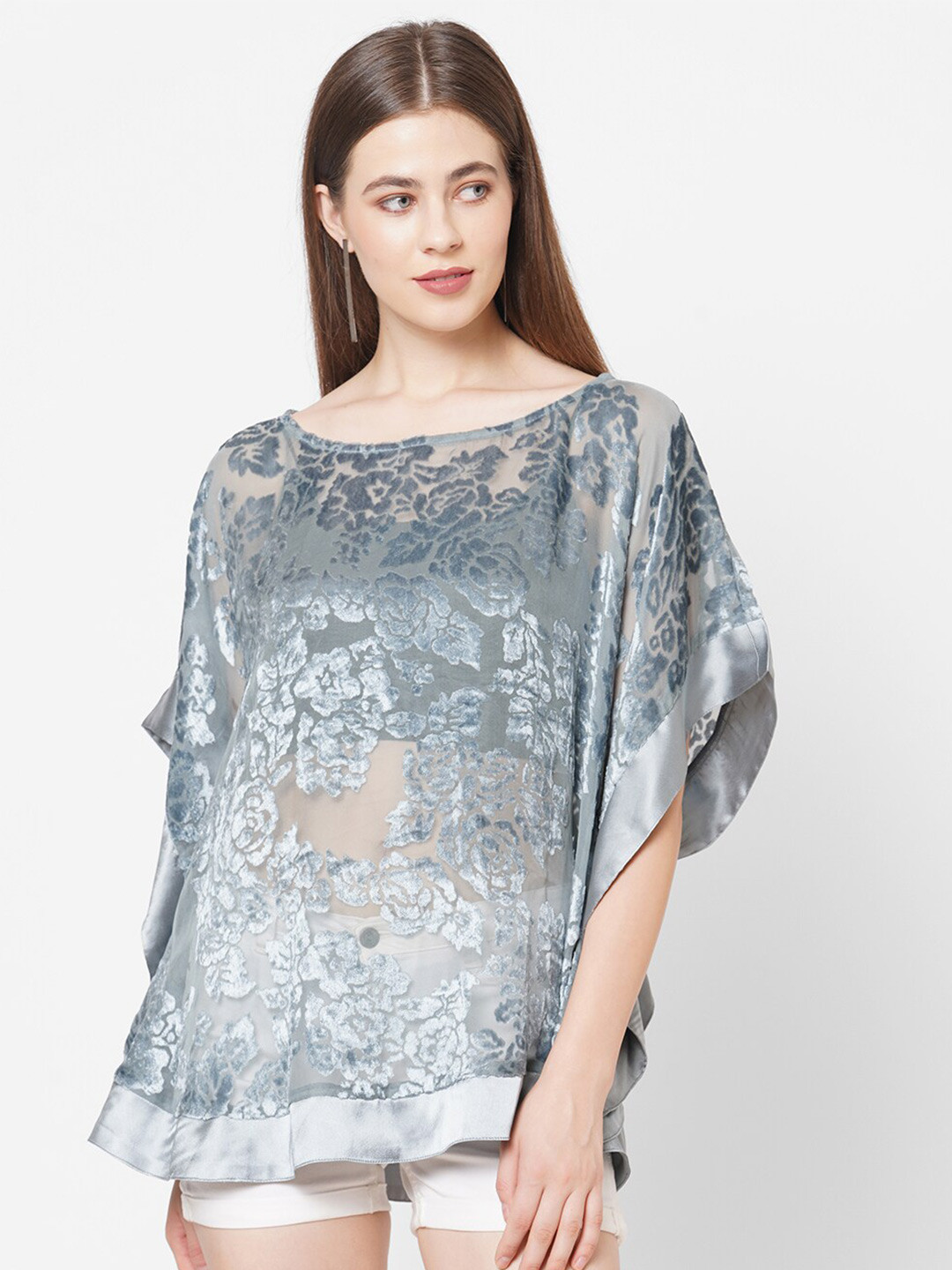 Cloth Haus India Grey Floral Printed Velvet Kaftan Top