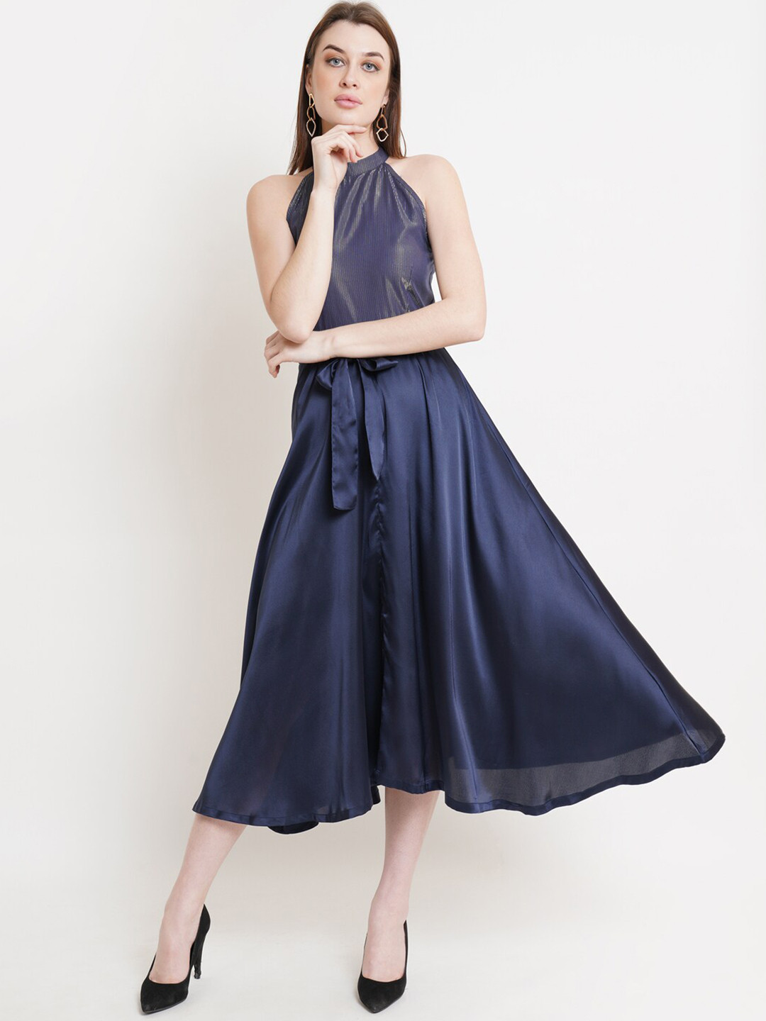 Purple State Navy Blue Halter Neck Lurex & Satin Fit & Flare Dress