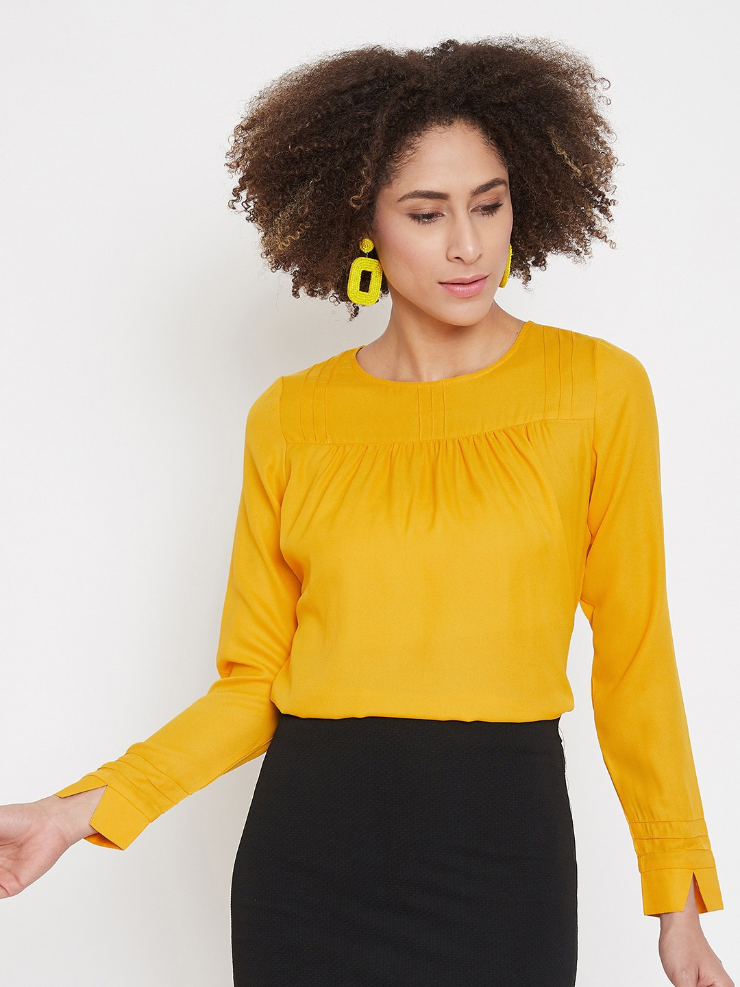 La Zoire Mustard Yellow Pintucks Georgette Top