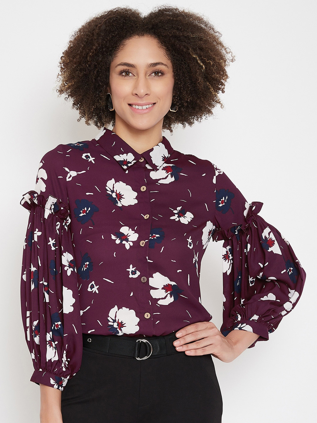 La Zoire Purple Floral Print Bishop Sleeves Georgette Shirt