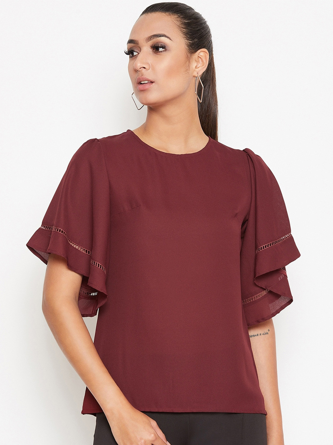 La Zoire Maroon Solid Georgette Regular Top