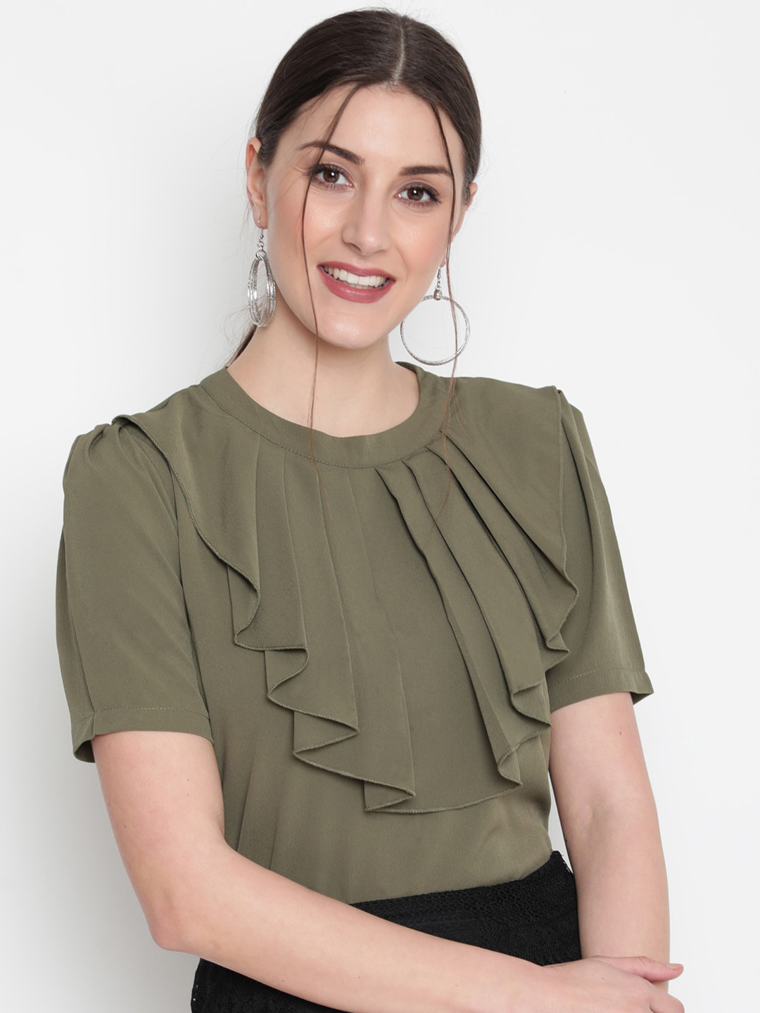 AKIMIA Olive Green Ruffles Crepe Top