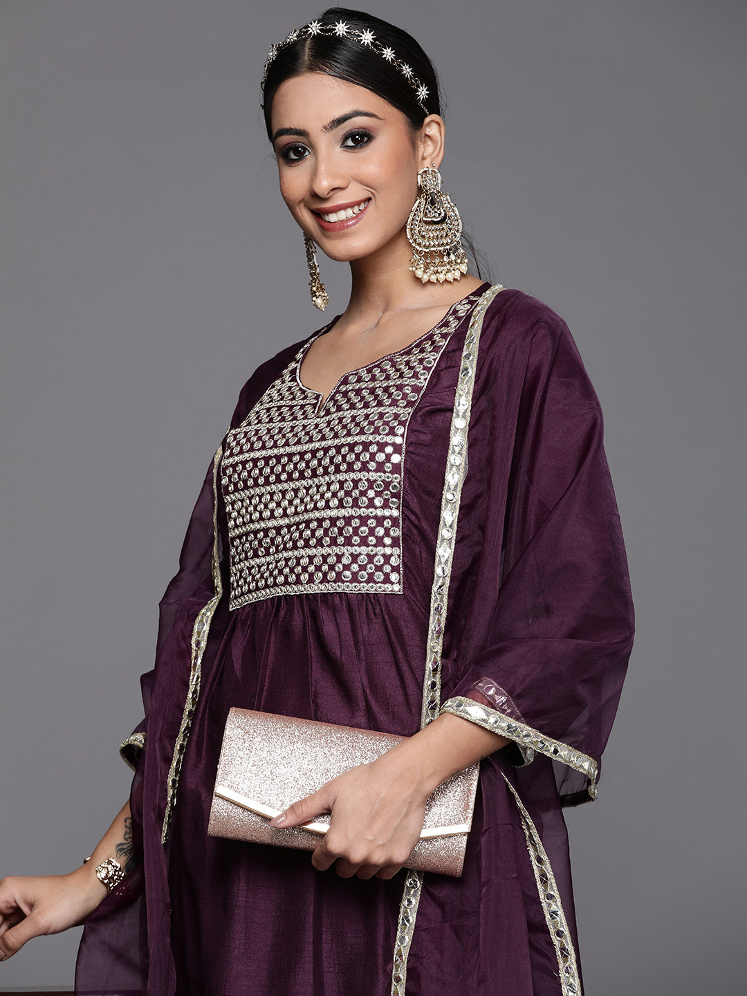 Indo Era Women Purple Yoke Design Kurta with Trousers & Dupatta