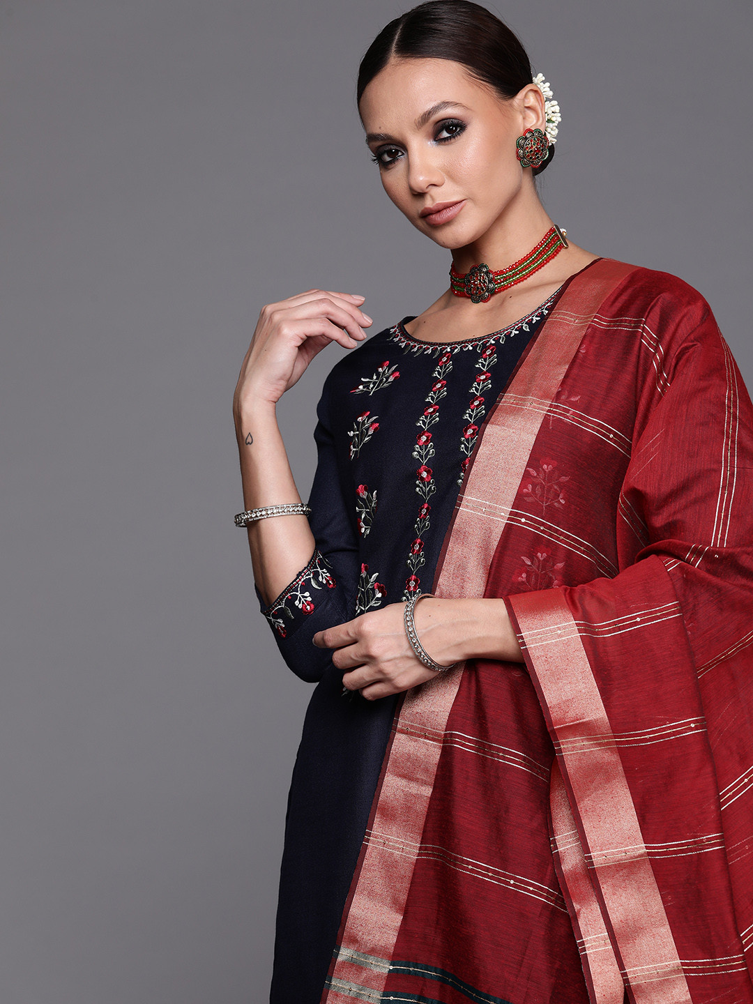 Indo Era Women Navy Blue Floral Yoke Design Kurta with Palazzos & With Dupatta