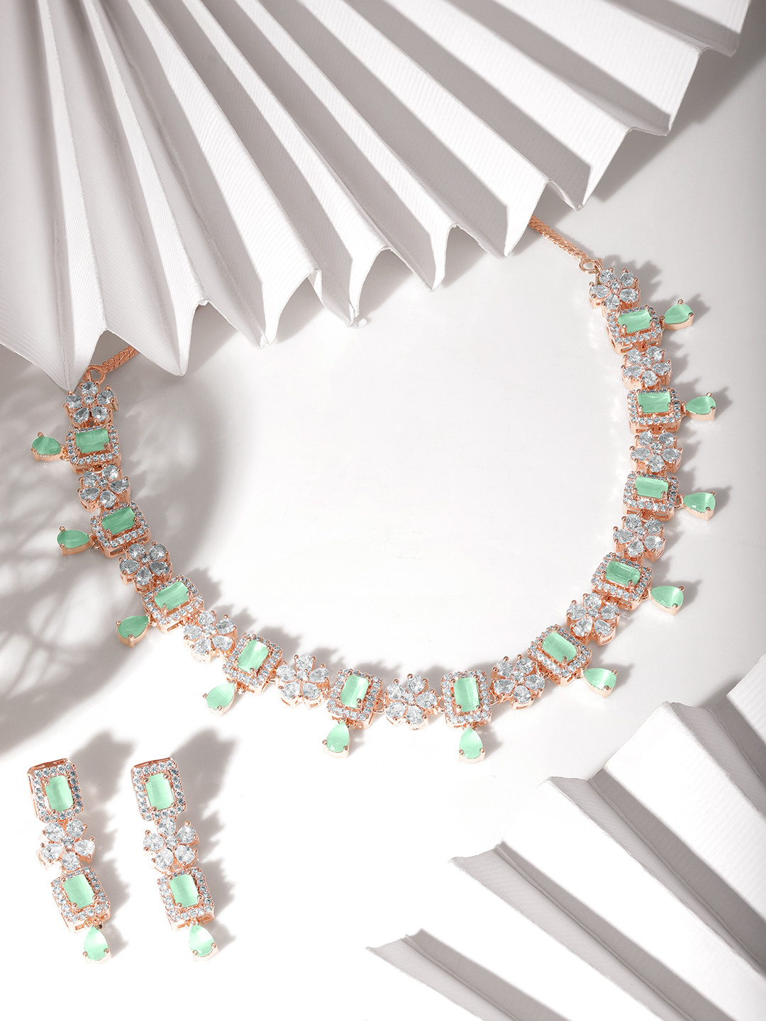 Rubans 22K Rose Gold Plated Mint Green Sapphire & CZ Studded Jewelry Set   Design