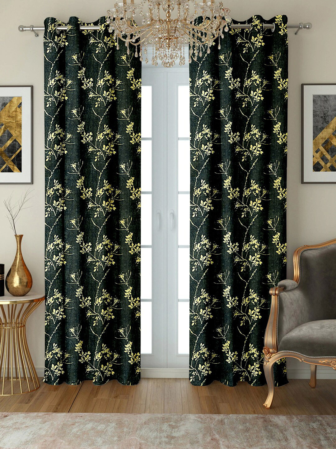 Cortina Yellow & Green Set Of 2 Floral Printed Regular Door Curtains