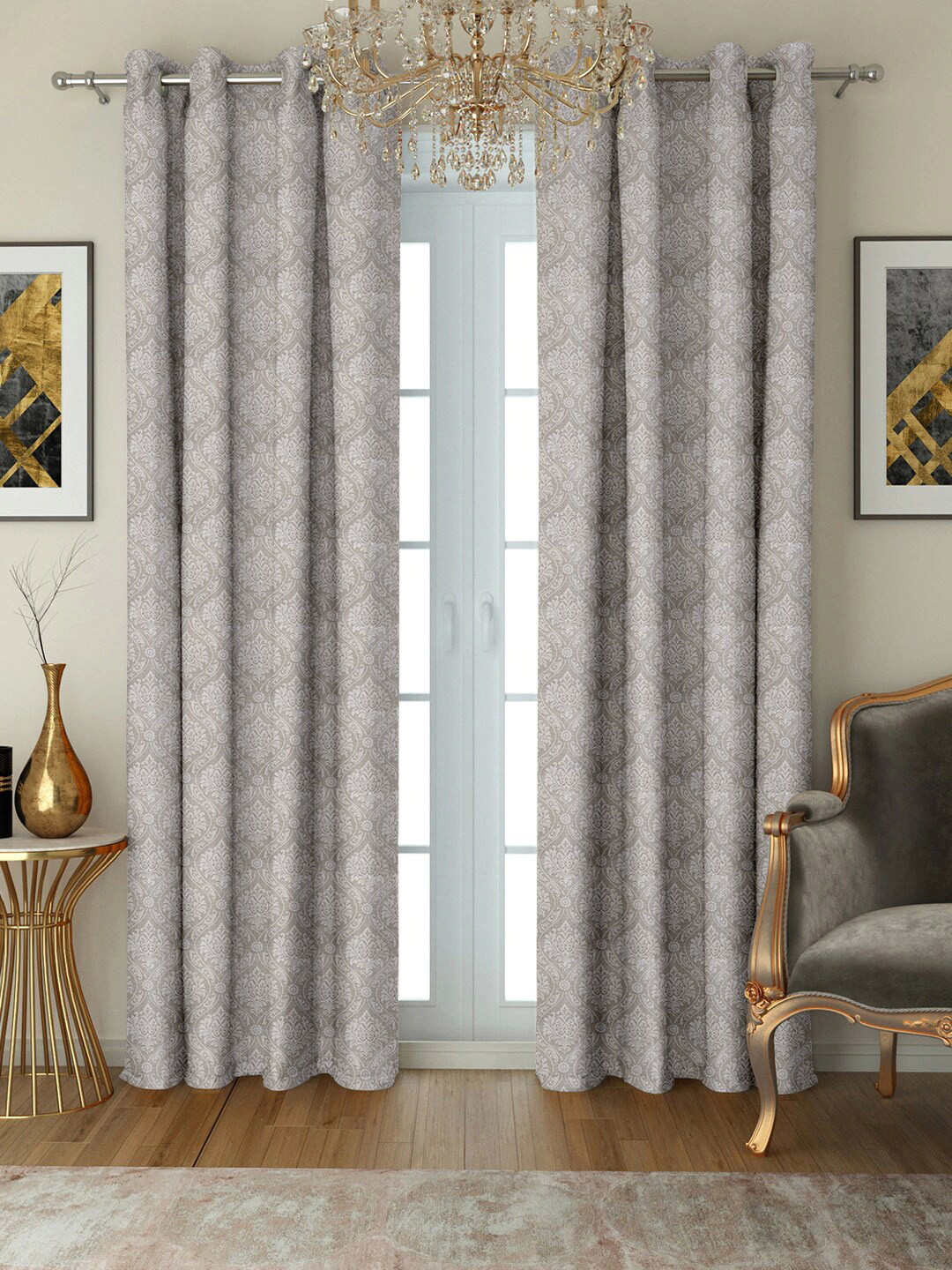 Cortina Grey Set of 2 Embossed Damask Printed Long Door Curtain