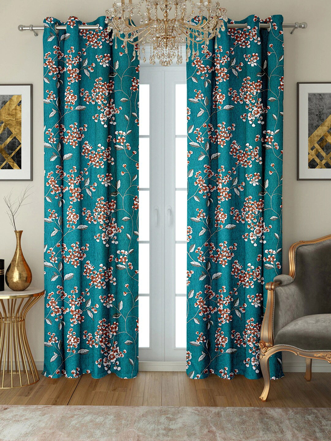 Cortina Blue & Red Set Of 2 Floral Printed Regular Long Door Curtain